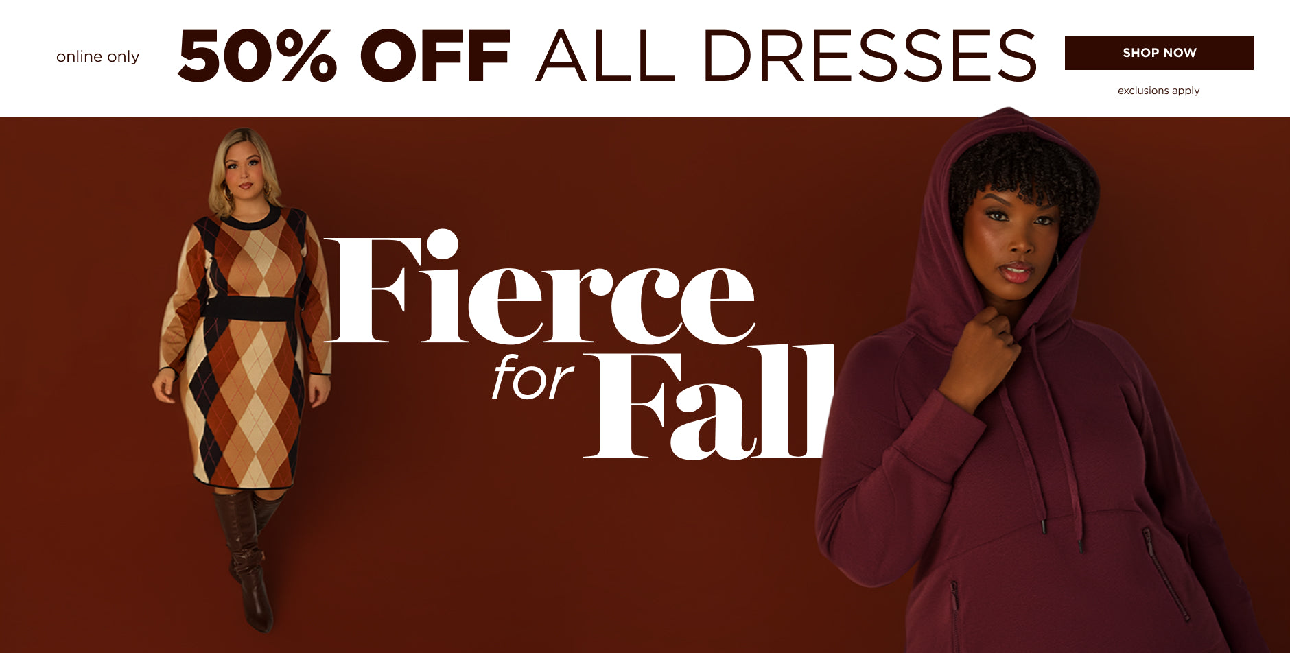 Online only. 50% off all dresses. Shop now