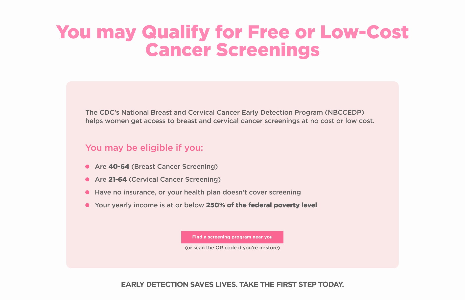 You may qualify for free or low-cost cancer screen. Click here to find a screening program near you