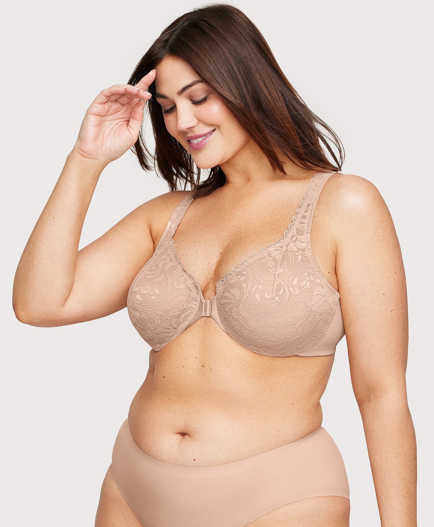Front-Closure Stretch Lace WonderWire Bra Cafe