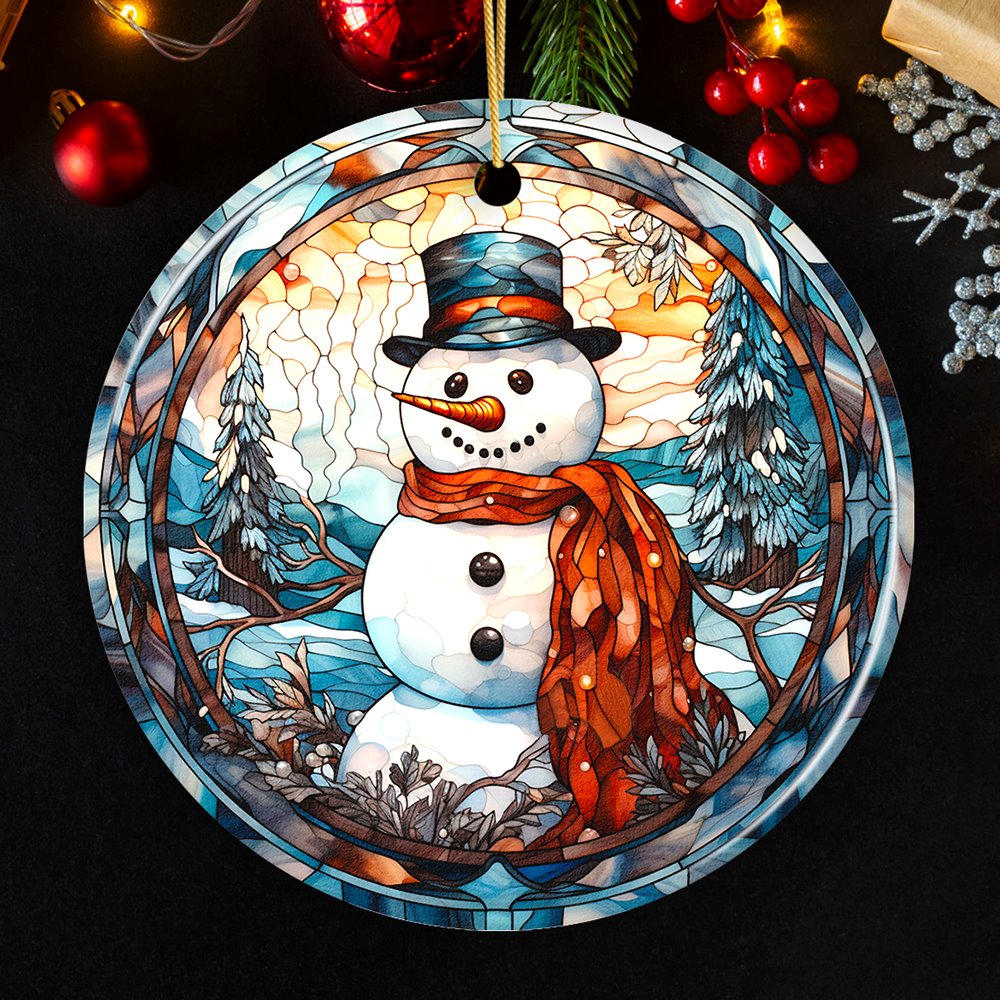 Stained Glass Snowman Ceramic Ornament