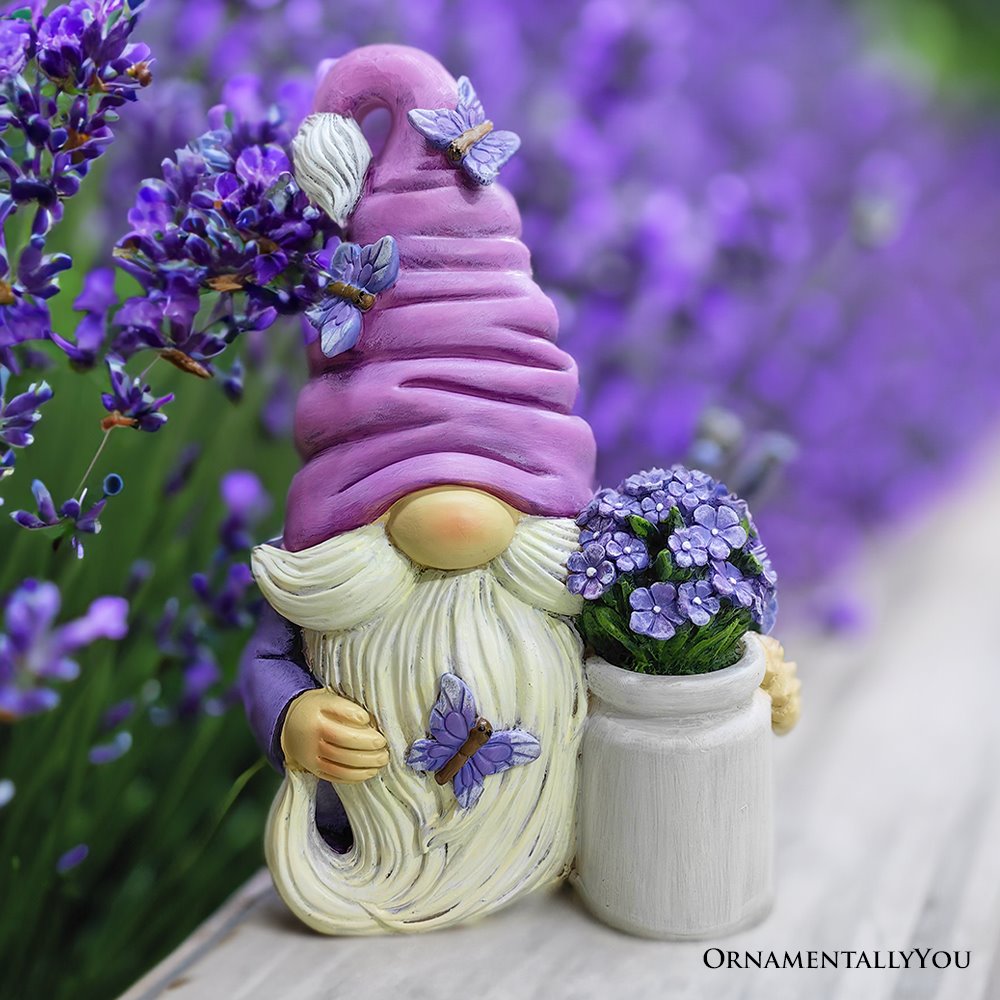 Garden Grace Lavender Gnome Figurine, 10"  Purple Home Decor Statue With Butterflies and Flowers