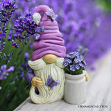 Garden Grace Lavender Gnome Figurine, 10"  Purple Home Decor Statue With Butterflies and Flowers