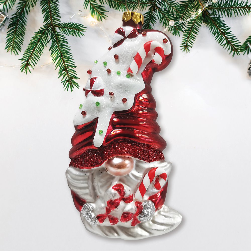 Candy Cane Gnome Glass Ornament