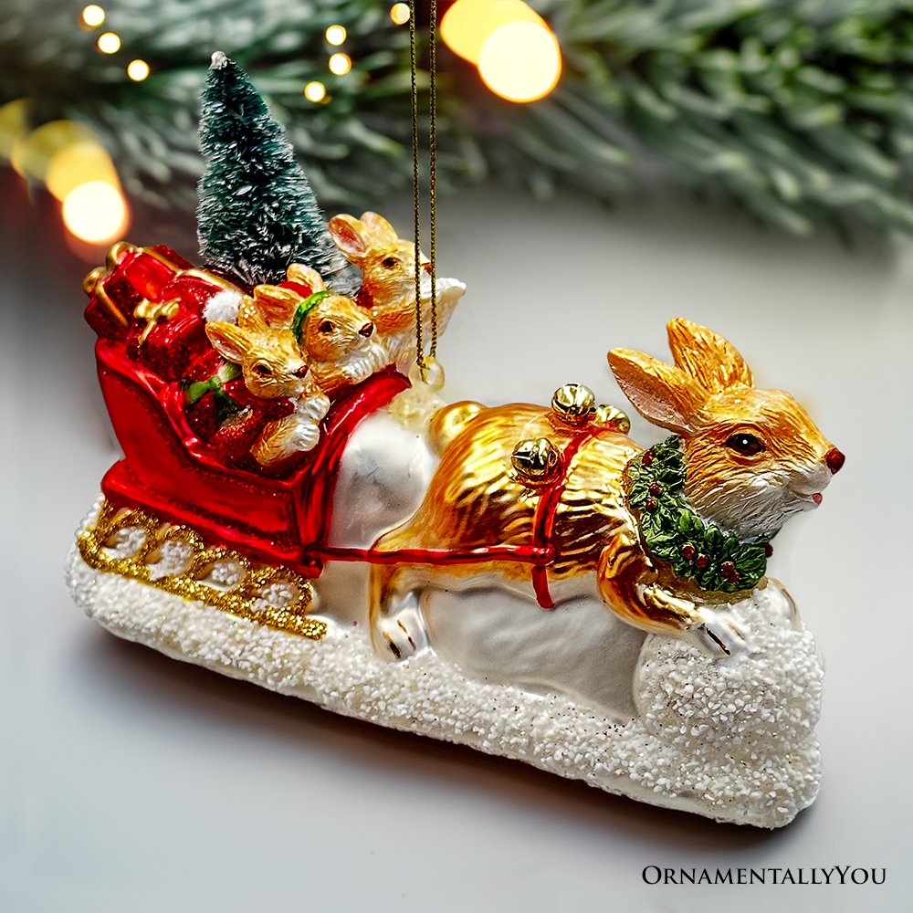 Hare and Sleigh Glass Ornament