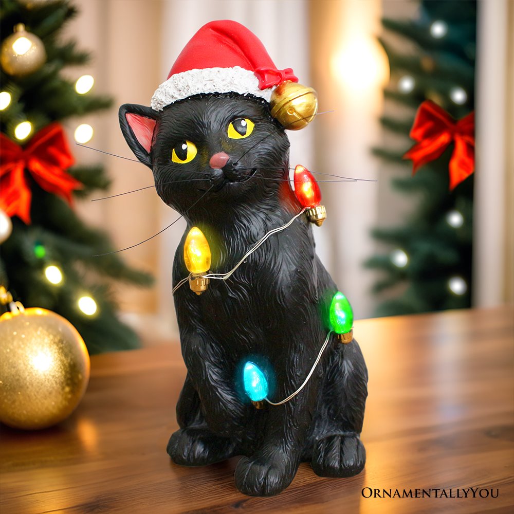 Festive Black Cat With LED Lights Figurine, 7" Cute Home Decor Statue
