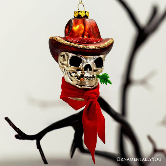 Ole Western Cowboy Skull Glass Ornament