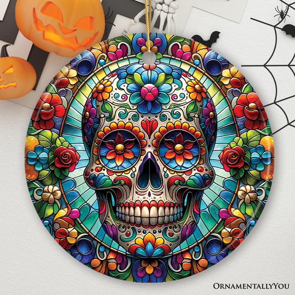 Day of the Dead Stained Glass Skull Ceramic Ornament