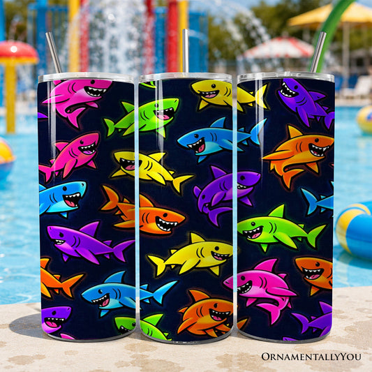 Neon Cartoon Shark Print 20oz Tumbler