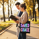 Saved By His Grace Printed Canvas Tote Bag
