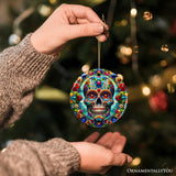 Day of the Dead Stained Glass Skull Ceramic Ornament