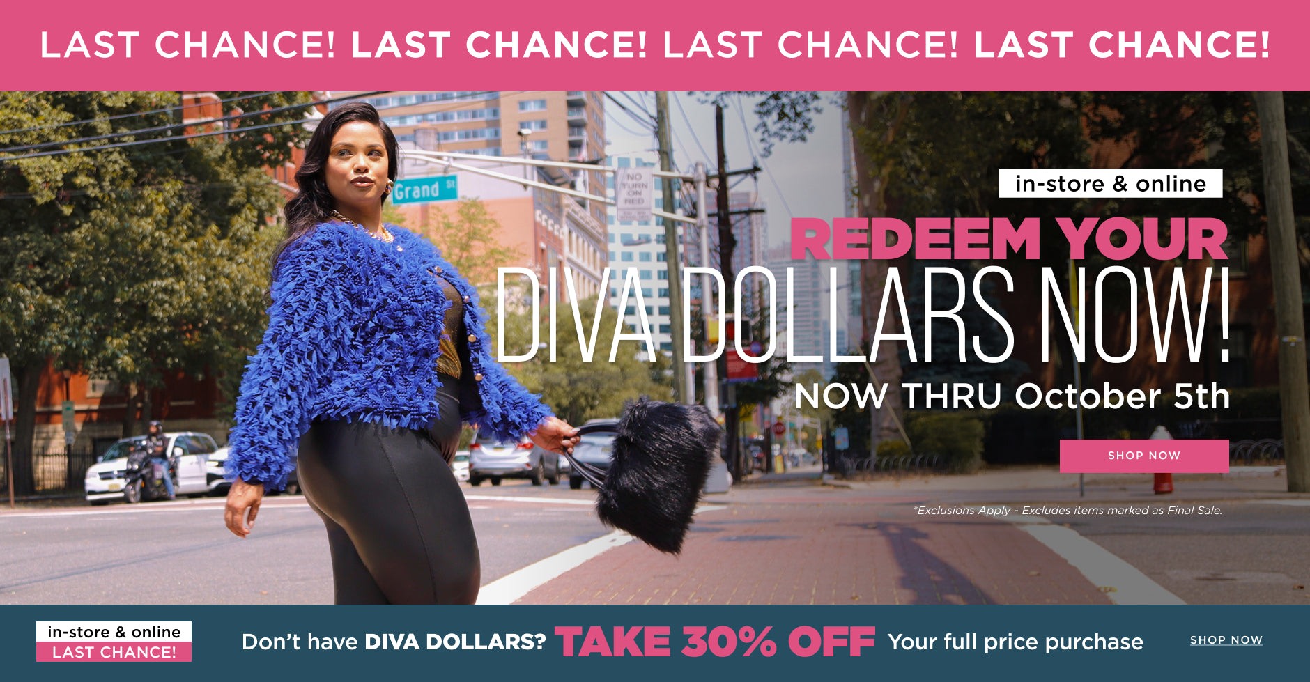 Redeem your Diva Dollars now! Thru October 5th. Don't have any, take 30% off your full price purchase. 
