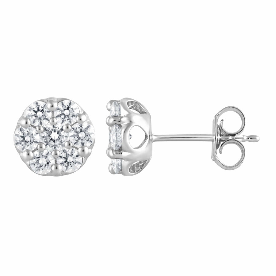 1 Carat Round Cut Lab Cluster Diamond Stud Earrings In Sterling Silver