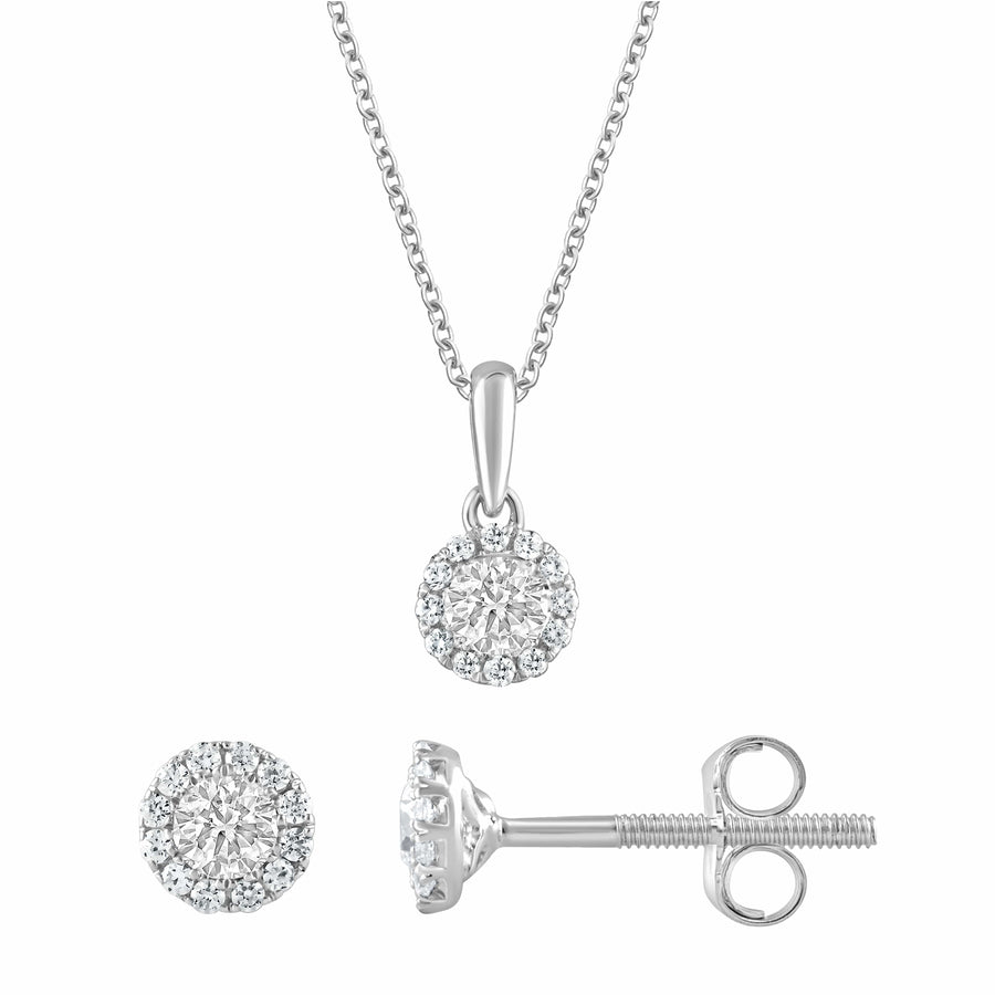 0.50 Carat Lab Sterling Silver Diamond Halo Necklace And Earrings Set