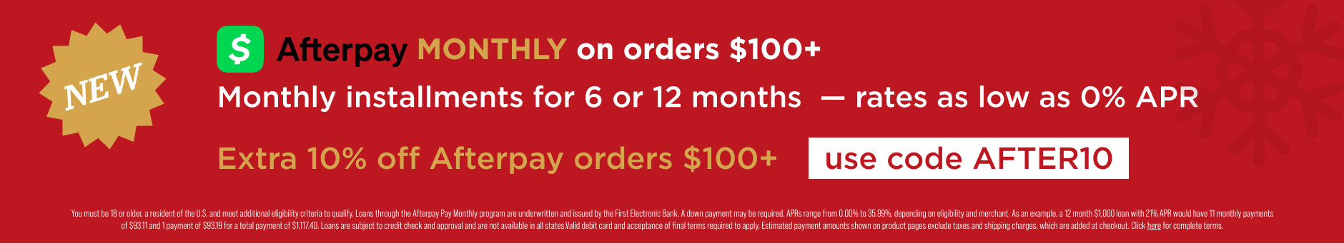Afterpay Monthly. Extra 10% off afterpay orders of $100+ with code AFTER10