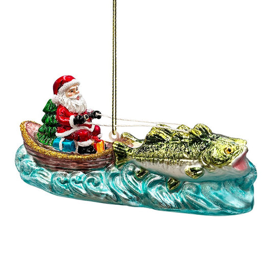 Santas Fishing Adventure Glass Ornament
