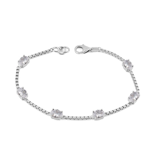 Birthstone Bracelet in Sterling Silver, Oval Cut 5*7mm, 7 Inches with an Extender, 12 Gemstone Options, Gift Box Included - April, White Zircon