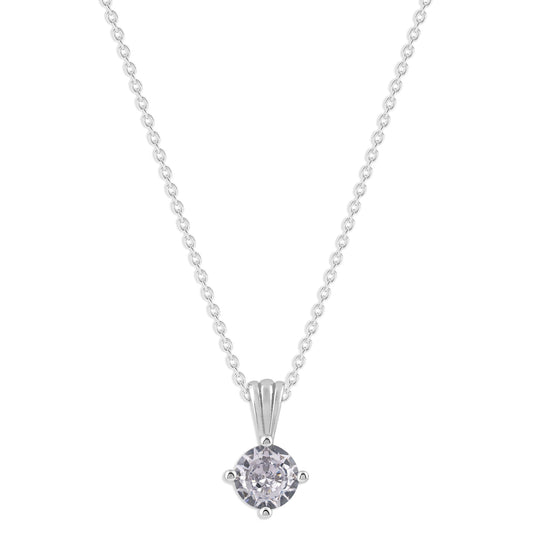 Gemstone Necklace in Sterling Silver, Round Pendant Size 6.5 * 6.5mm, 15" Cable Chain with 2" Extender, Gift Box Included - Apr, White Zircon