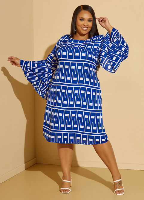 Geo Print Bell Sleeved Dress, Surf The Web image number 3