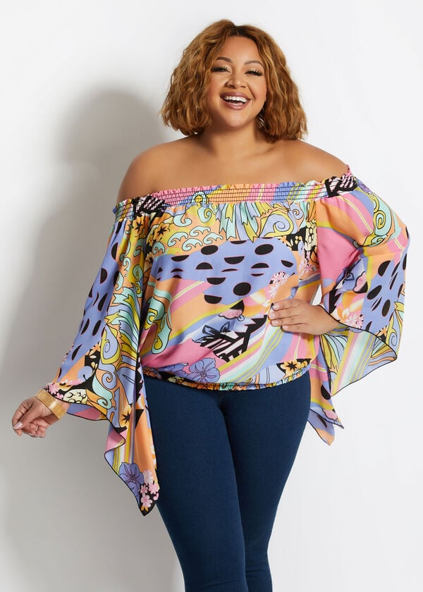 Plus Size Pastel Abstract Off The Shoulder Flare Sleeve Peasant Tops