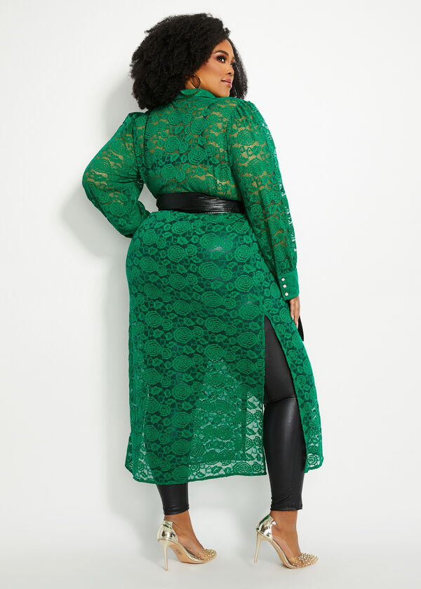 Plus Size Green Belted Lace Maxi Button Shirtdress