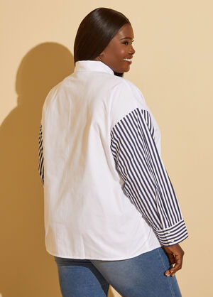 Striped Sleeved Cotton Blend Shirt, Navy image number 1