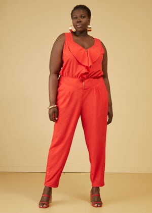 Ruffle Trimmed Tapered Jumpsuit, Red image number 0
