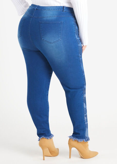 Camo Print Paneled Skinny Jeans, Dk Rinse image number 1