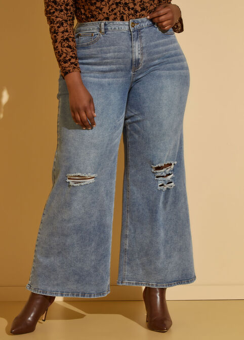 Distressed High Rise Wide Leg Jeans, Dk Rinse image number 2