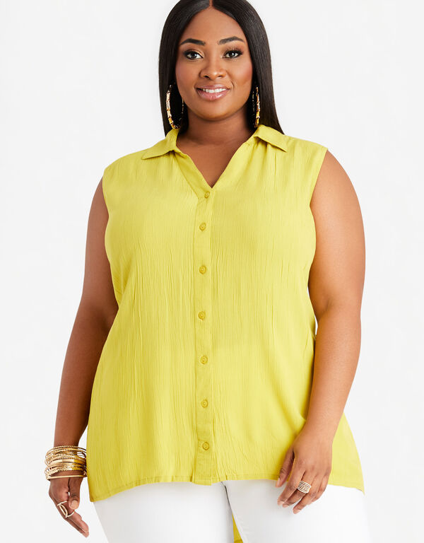 Sleeveless Hi Low Button Up, Warm Olive image number 0