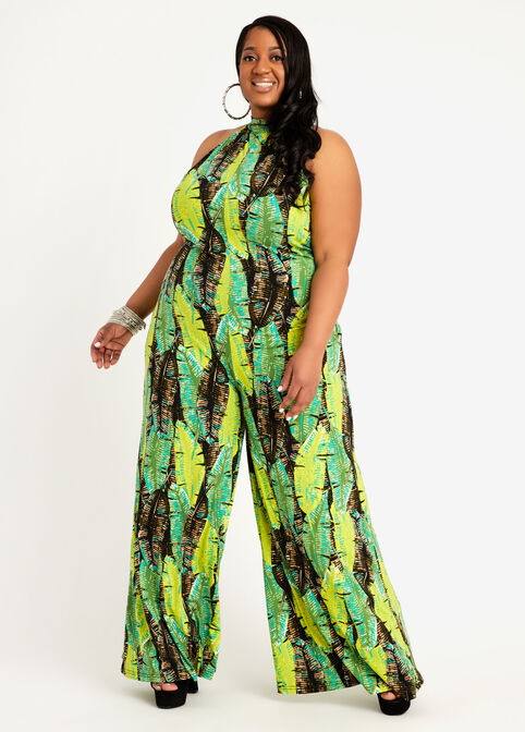 Tall Palm Halter Palazzo Jumpsuit, Black Combo image number 0