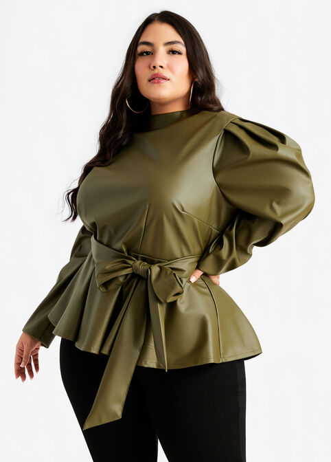 Belted Faux Leather Peplum Top, Olive image number 0