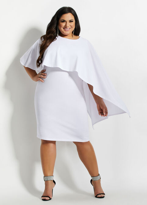 Asymmetric Cape Knee Length Dress, White image number 0