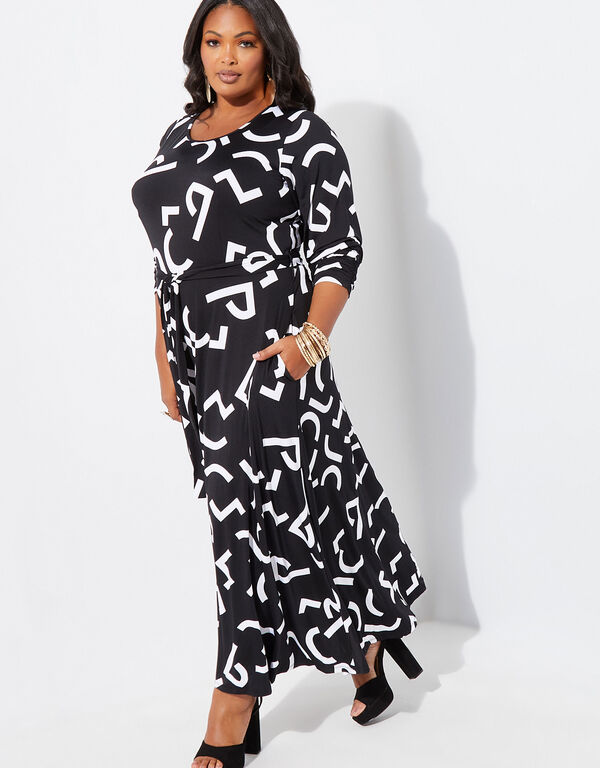 Short Printed Belted Maxi Dress, Black White image number 0