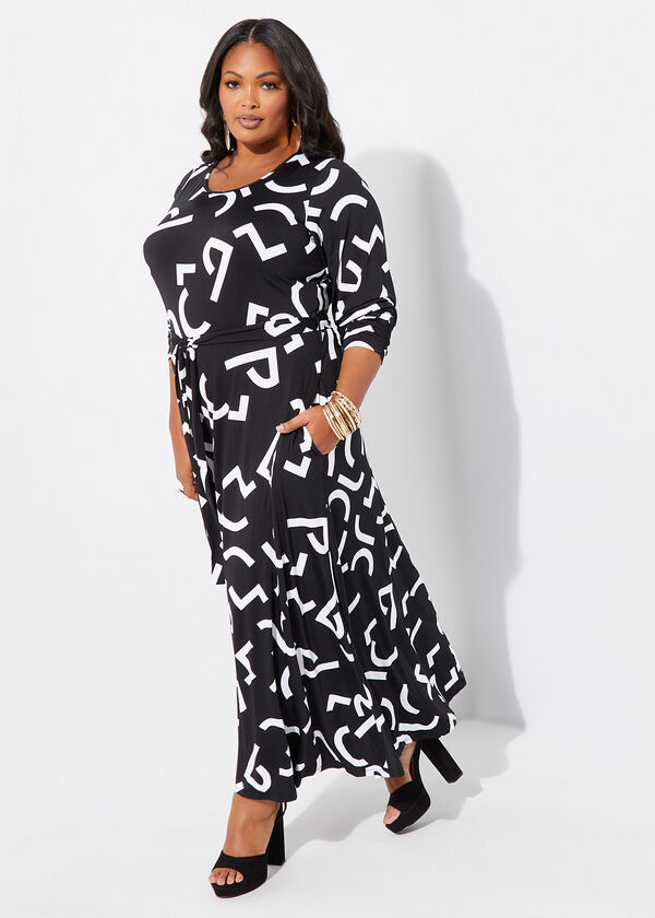 Short Printed Belted Maxi Dress, Black White image number 0