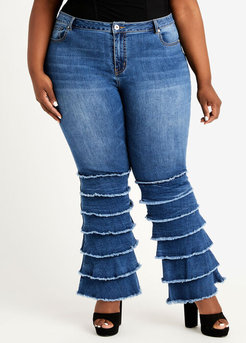 Tiered Raw Edge Flare Hi Rise Jean, Dk Rinse image number 0