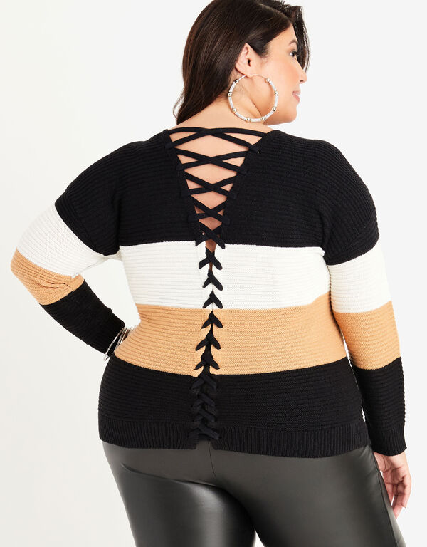 Lace Up Intarsia Knit Sweater, Black image number 1