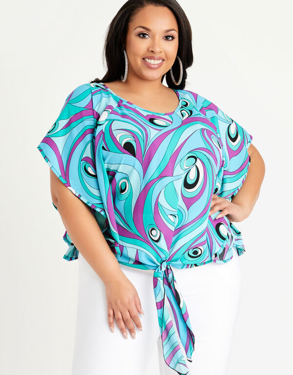 Abstract Tie Front Batwing Blouse, SCUBA BLUE image number 0