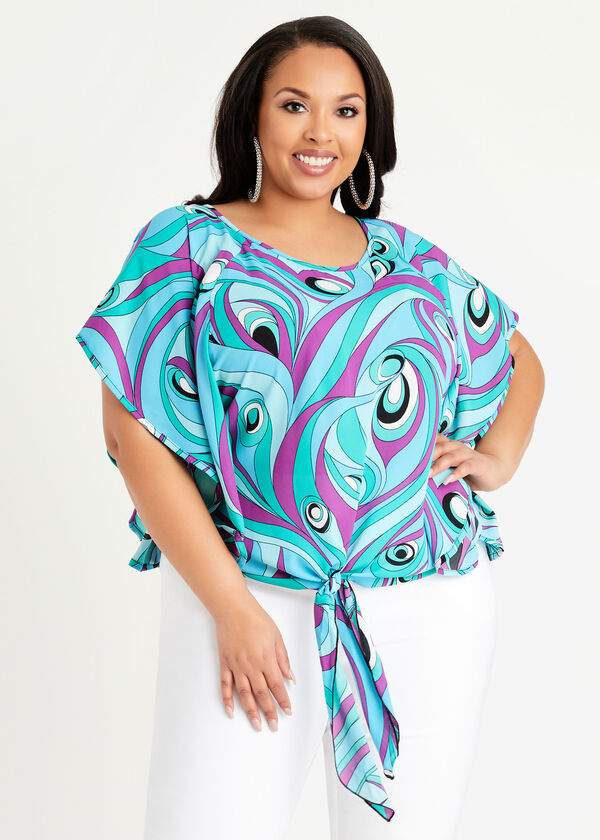Abstract Tie Front Batwing Blouse, SCUBA BLUE image number 0