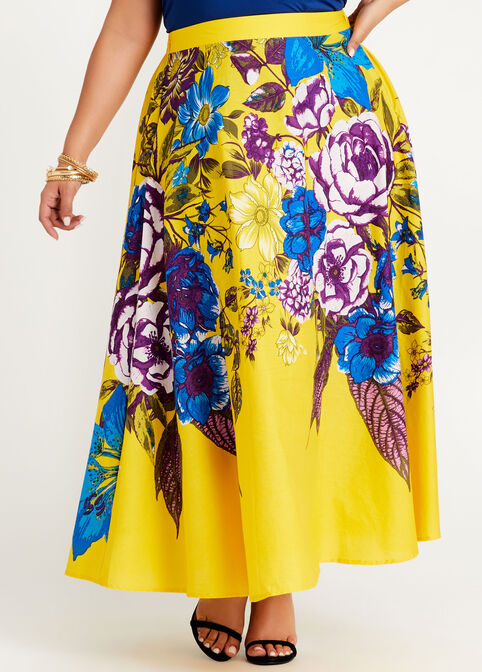 Floral Flared Maxi Skirt, Lemon image number 0