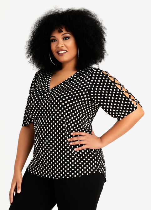 Printed Lace Up Sleeve Top, Black White image number 0