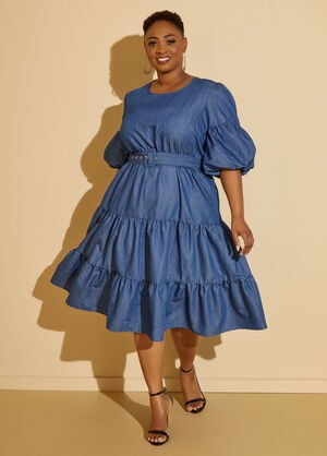 Puff Sleeved Chambray Dress, Denim image number 0