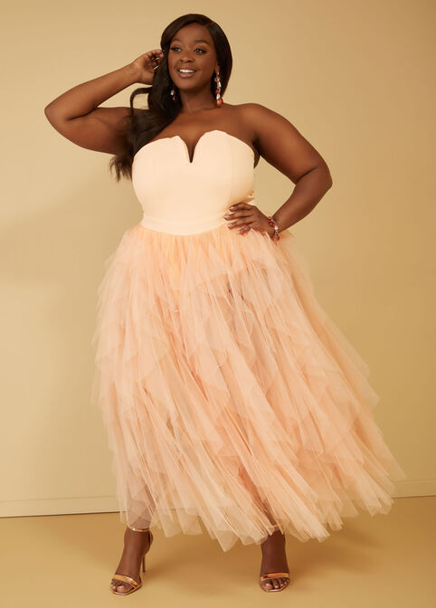 Strapless Tiered Tulle Gown, Orange image number 3