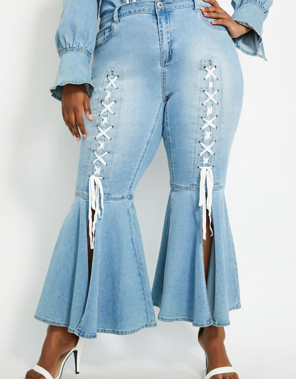 Lace-Up Flare Jeans, Blue image number 0