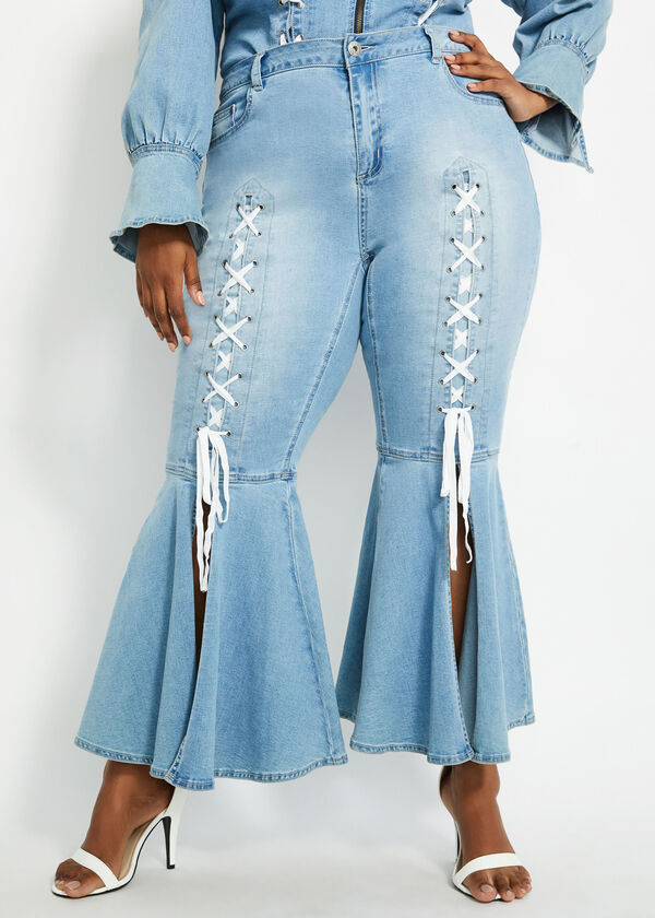 Lace-Up Flare Jeans, Blue image number 0