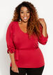 Plus Size Knit V Neck Pleated Asymmetric Drama Flare Sleeve Fitted Top image number 0
