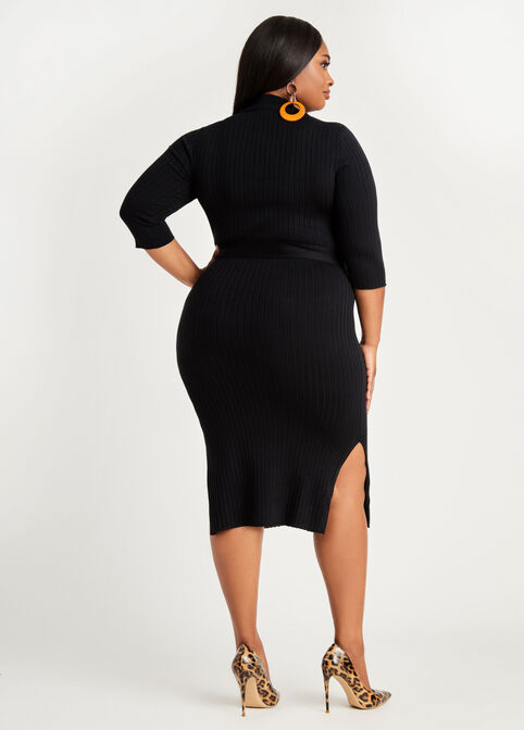 Belted Mock Neck Sweater Dress, Black image number 1