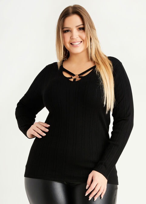 Plus Size Ring Cutout Neck Cozy Chic Sexy Fitted Ribbed Knit Sweater image number 0