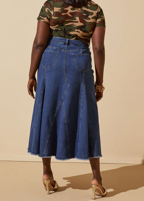 Frayed Stretch Denim Maxi Skirt, Medium Blue image number 3