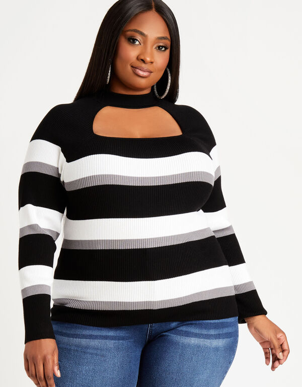 Stripe Mock Neck Cutout Sweater, Black White image number 0