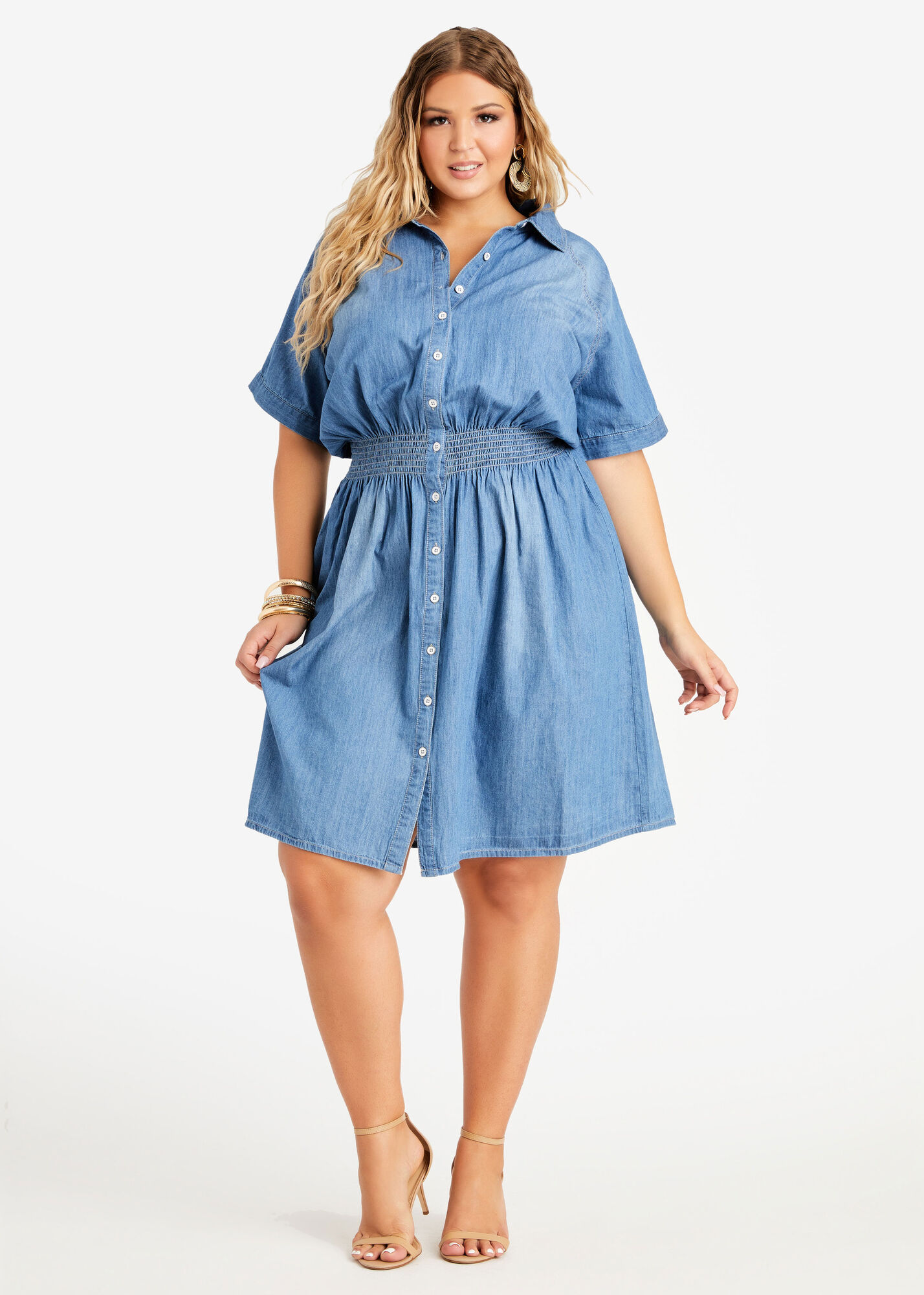 Plus Size Chambray Short Sleeve Button Front Smocked Shirtdress